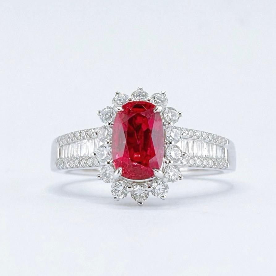 Cushion Cut 18K Gold Guild Certified 1.15CT Pigeon Blood Red Ruby Ring with Diamonds For Sale