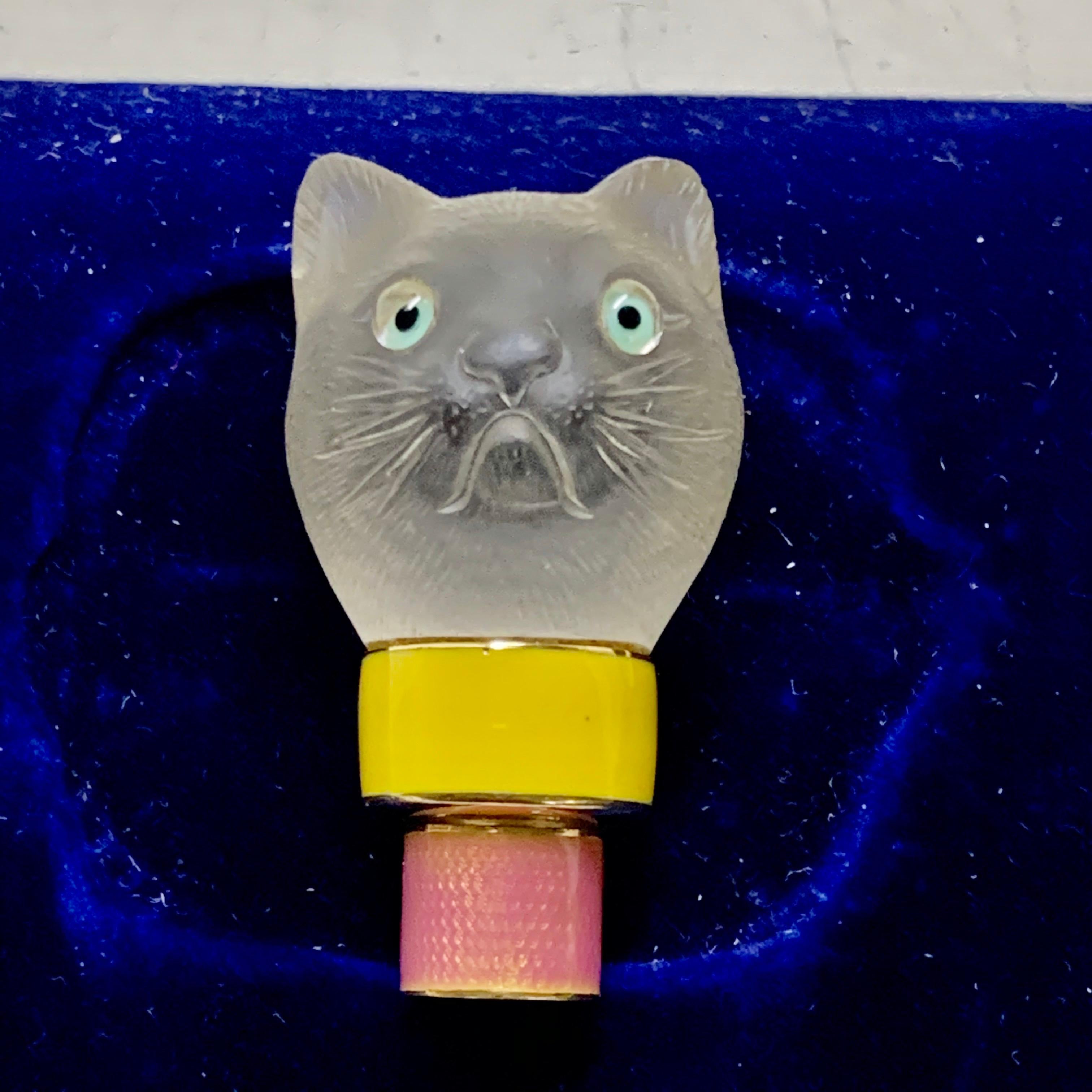 18k Gold Guilloche Enamel Rock Crystal 'cat' Parasol Handle For Sale 4