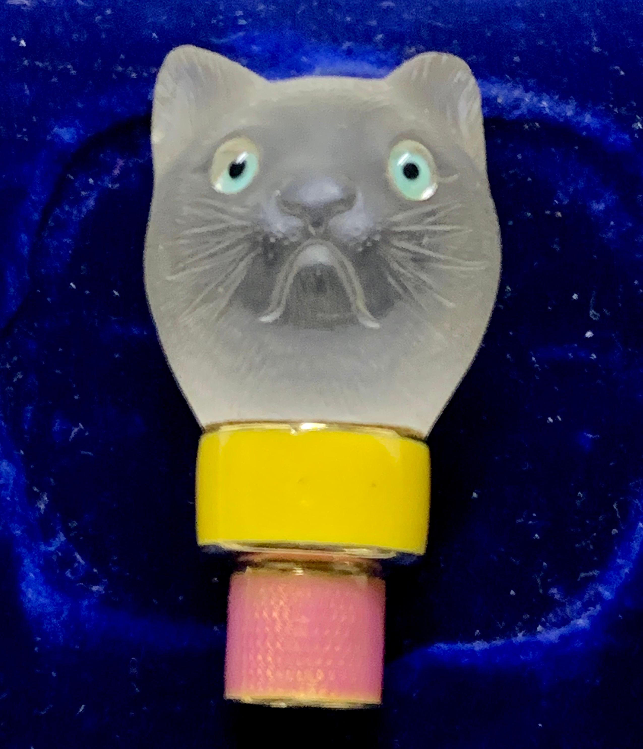 18k Gold Guilloche Enamel Rock Crystal 'cat' Parasol Handle In Excellent Condition For Sale In Kenley surrey, GB