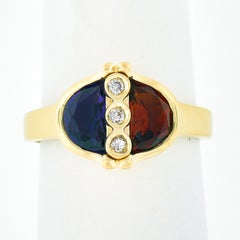 18k Gold Half Moon Bezel Set Spessartite Garnet & Amethyst w/ Diamond Ring