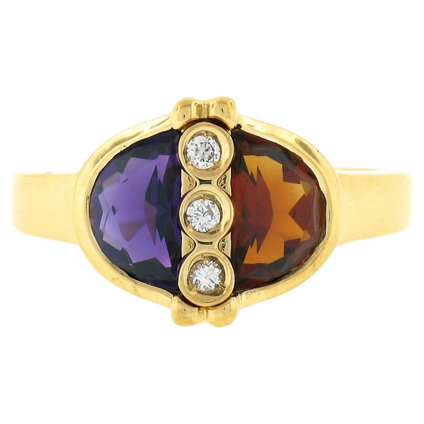 18k Gold Half Moon Bezel Set Spessartite Garnet & Amethyst w/ Diamond Ring
