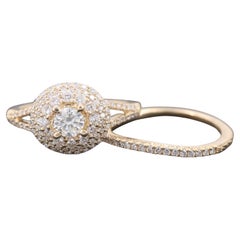18K Gold Halo Diamonds Engagement Ring Set, Diamond Wedding Ring Set
