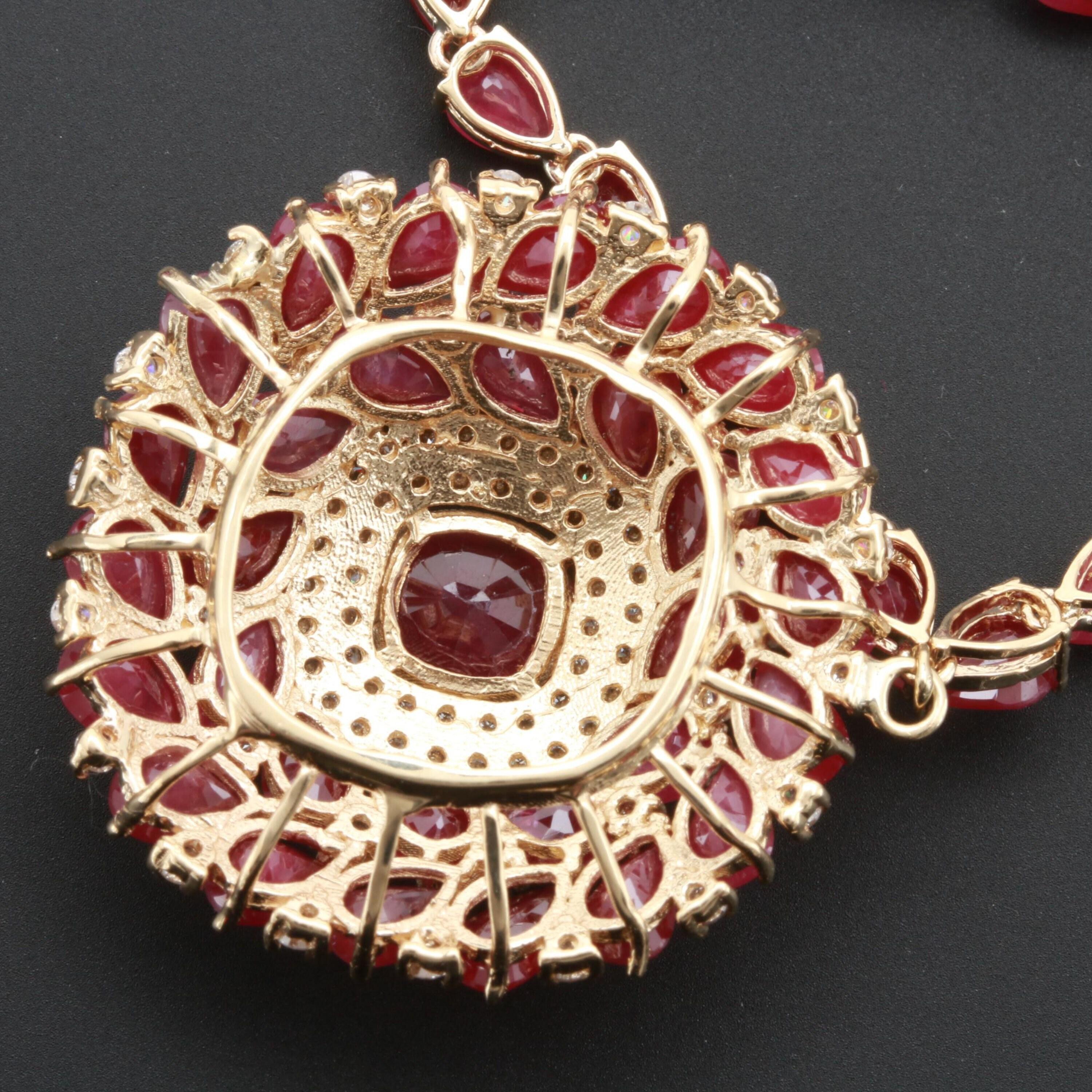 18K Gold Halo Pendant Necklace, Full Eternity Ruby Diamond Wedding Necklace In New Condition For Sale In Orlando, Florida