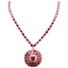 18K Gold Halo Pendant Necklace, Full Eternity Ruby Diamond Wedding Necklace