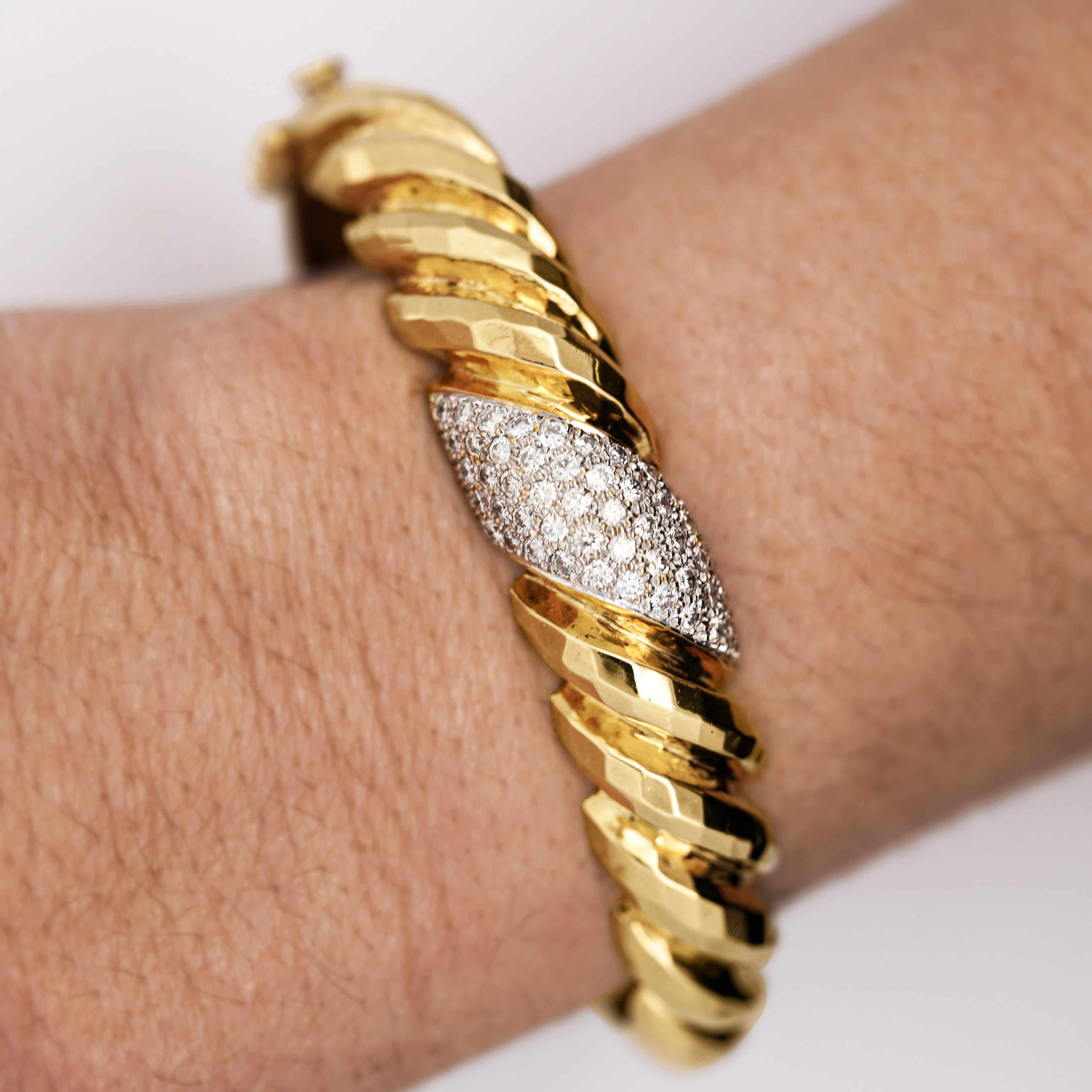 Art Deco 18K Gold Hammered Finish Diamond Pave Bangle Bracelet For Sale