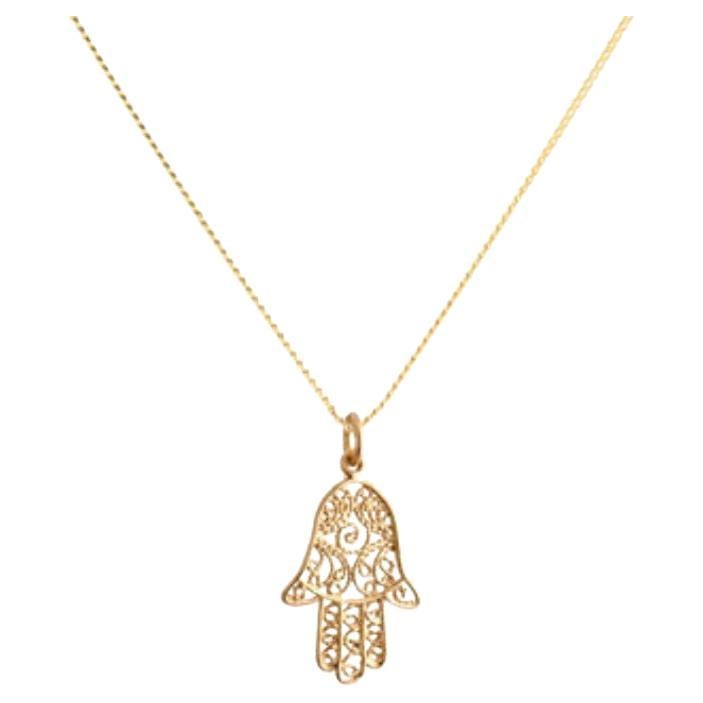 Contemporary 18K Gold Hamsa Amulet + Amethyst Crown Chakra Pendant Necklace For Sale