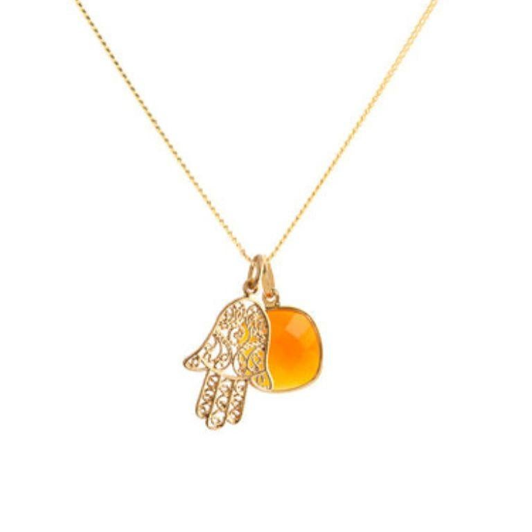 18K Gold Hamsa Amulet + Amethyst Crown Chakra Pendant Necklace For Sale 2