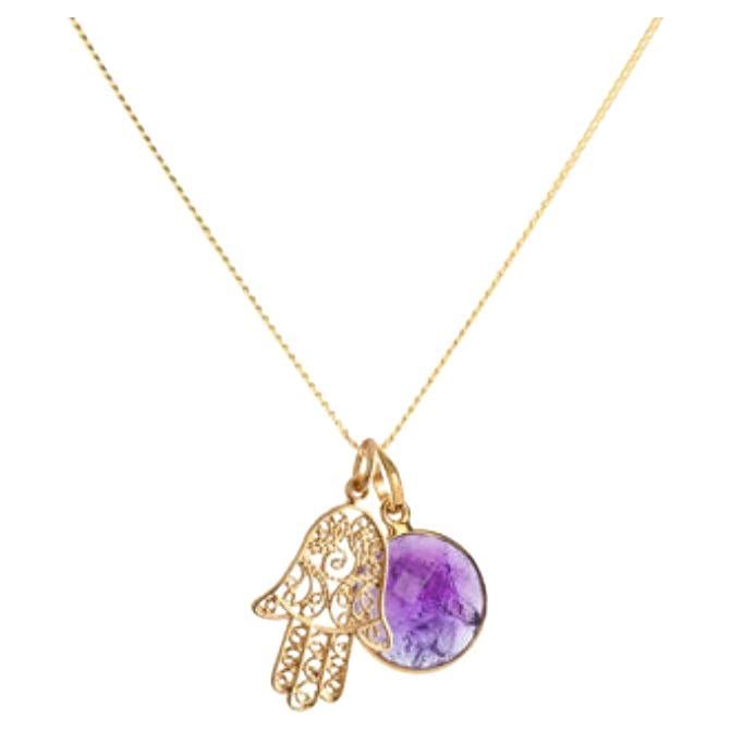 18K Gold Hamsa Amulet + Amethyst Crown Chakra Pendant Necklace For Sale