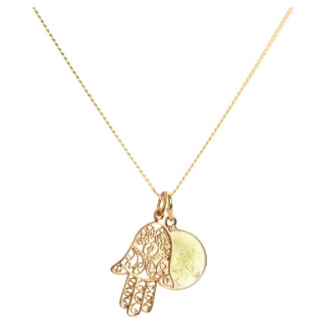 Collier pendentif chakra en or 18 carats, amulettes de Hamsa et citrine en vente