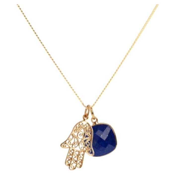 Rose Cut 18K Gold Hamsa Amulet + Green Onyx Heart Chakra Pendant Necklace For Sale