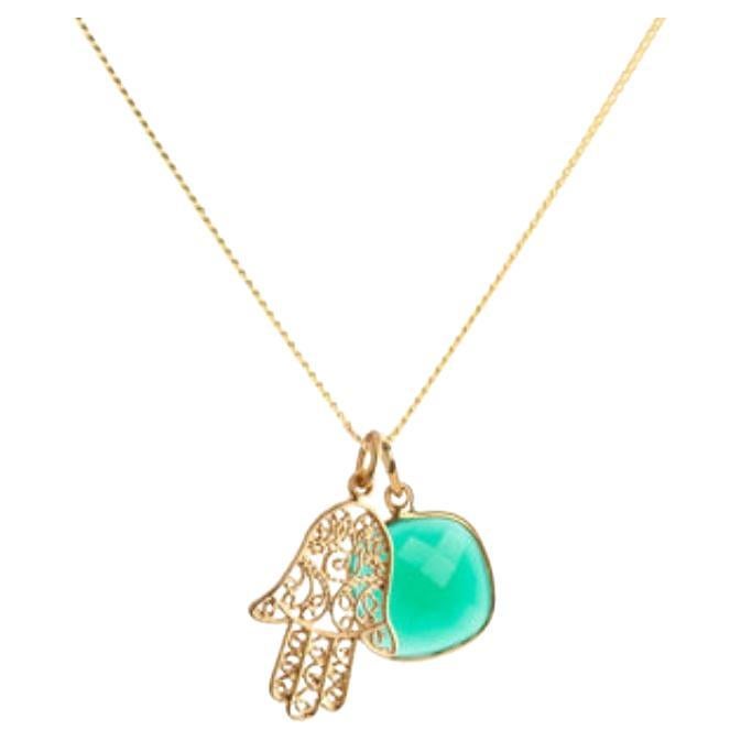 18K Gold Hamsa Amulet + Green Onyx Heart Chakra Pendant Necklace For Sale