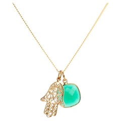 18 Karat Gold Hamsa Amulet + Grüner Onyx Herz Chakra Anhänger Halskette