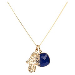 18 Karat Gold Hamsa Amulet + Lapislazuli Lazuli Third Eye Chakra Anhänger Halskette