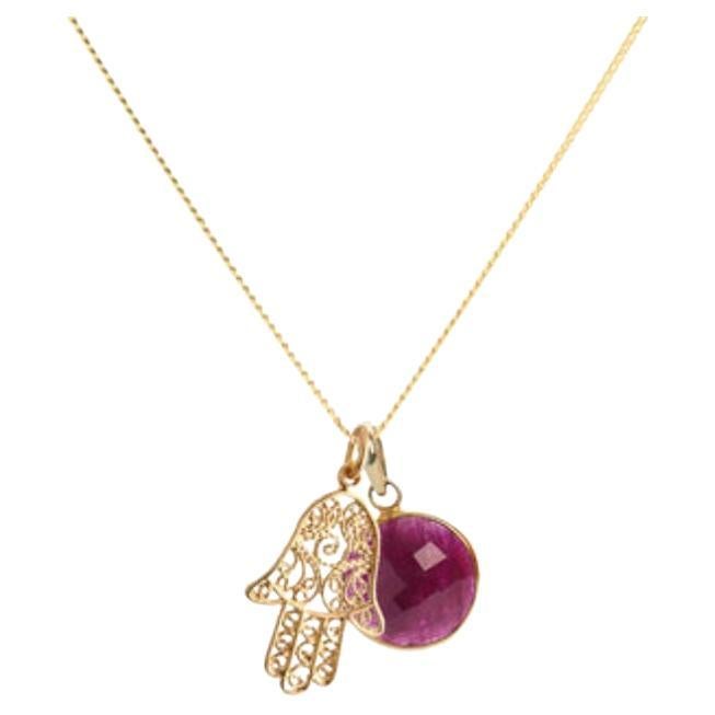 18K Gold Hamsa Amulet + Ruby Root Chakra Pendant Necklace by Elizabeth Raine For Sale