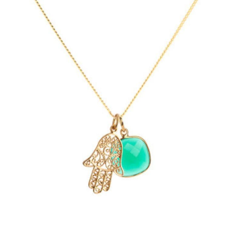Women's or Men's 18K Gold Hamsa Amulet + Turquoise Throat Chakra Pendant Necklace For Sale