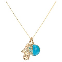 18K Gold Hamsa Amulet + Turquoise Throat Chakra Pendant Necklace