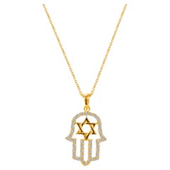 Hamsa Collier étoile de David en or 18 carats et diamants à la main