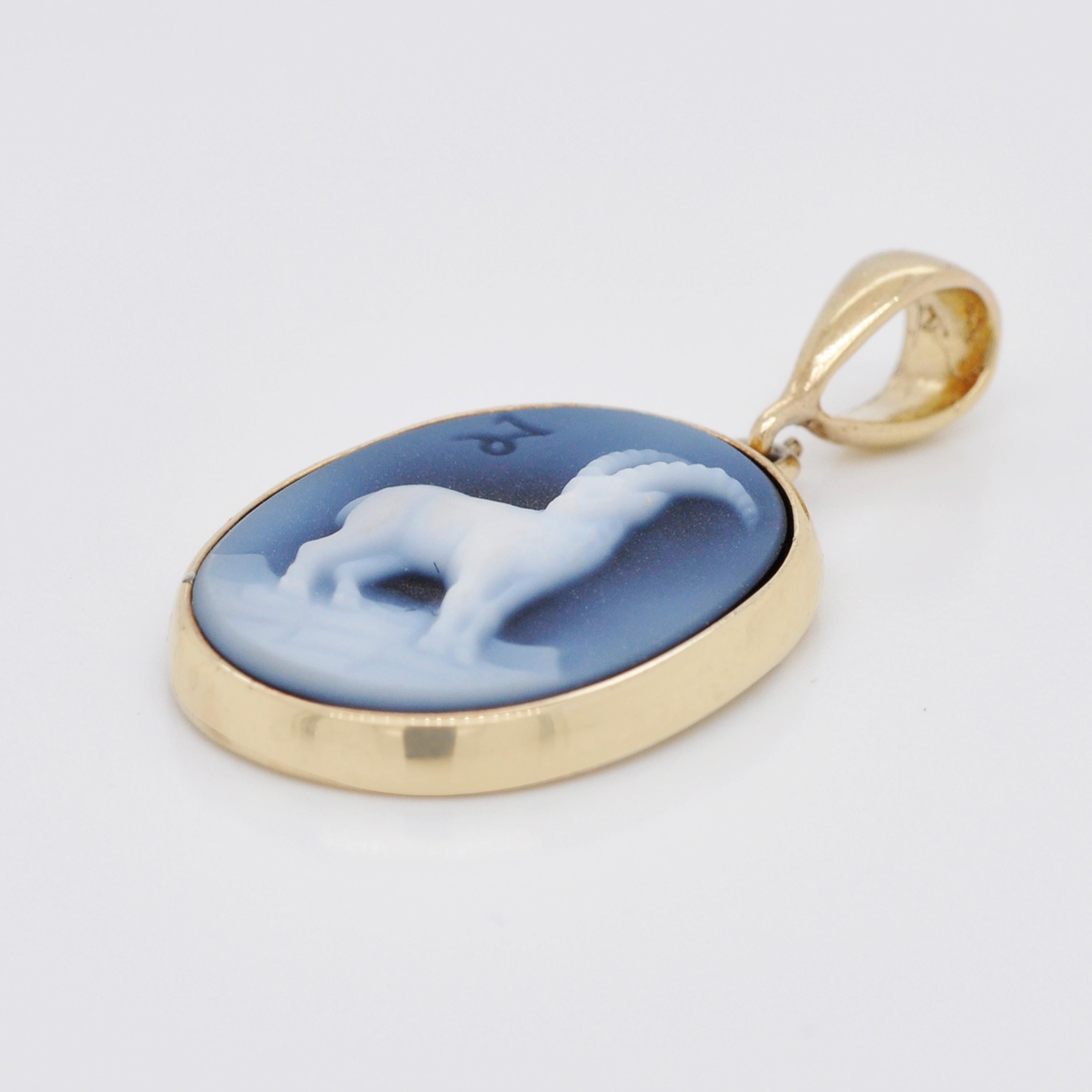 Taille ovale Collier à pendentif camée en agate Capricorne en or 18K sculpté à la main en vente