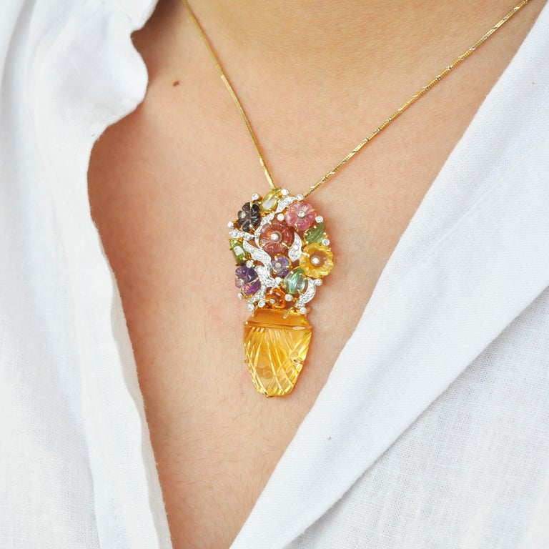 Romantic 18K Gold Hand-Carved Citrine Tourmaline Amethyst Diamond Bouquet Pendant brooch