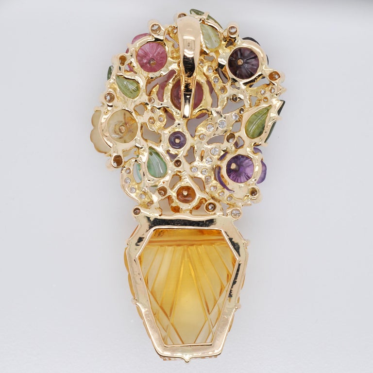 18K Gold Hand-Carved Citrine Tourmaline Amethyst Diamond Bouquet Pendant brooch 3