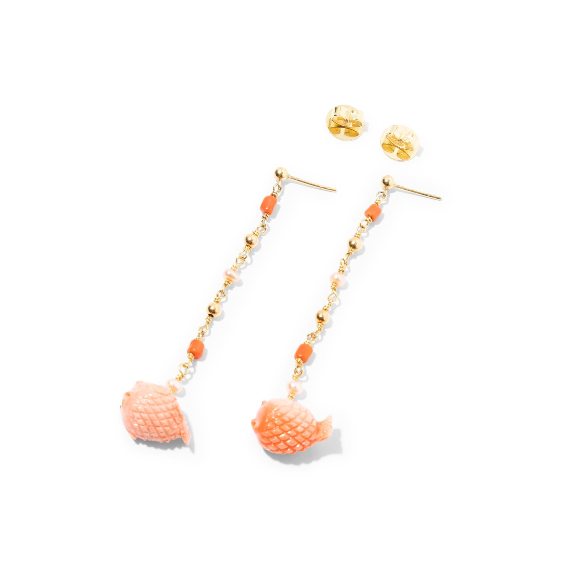Artisan 18K Gold Hand-Carved Coral Puffer Fish Earrings  For Sale