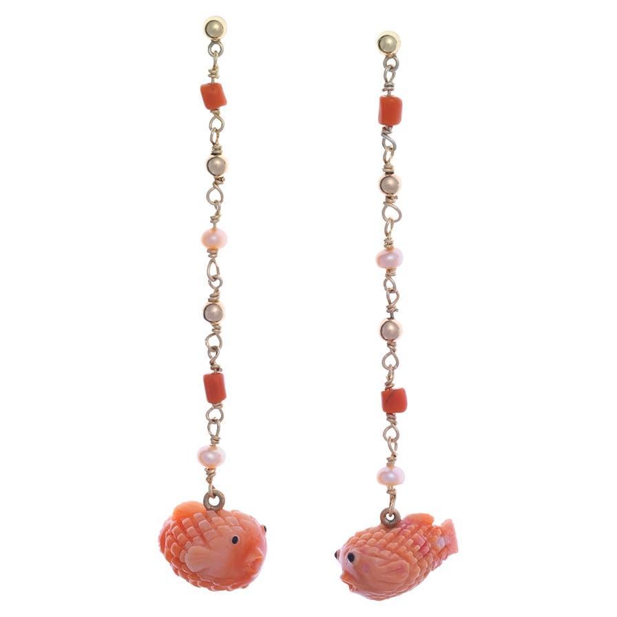 18K Gold Hand-Carved Coral Puffer Fish Earrings  For Sale