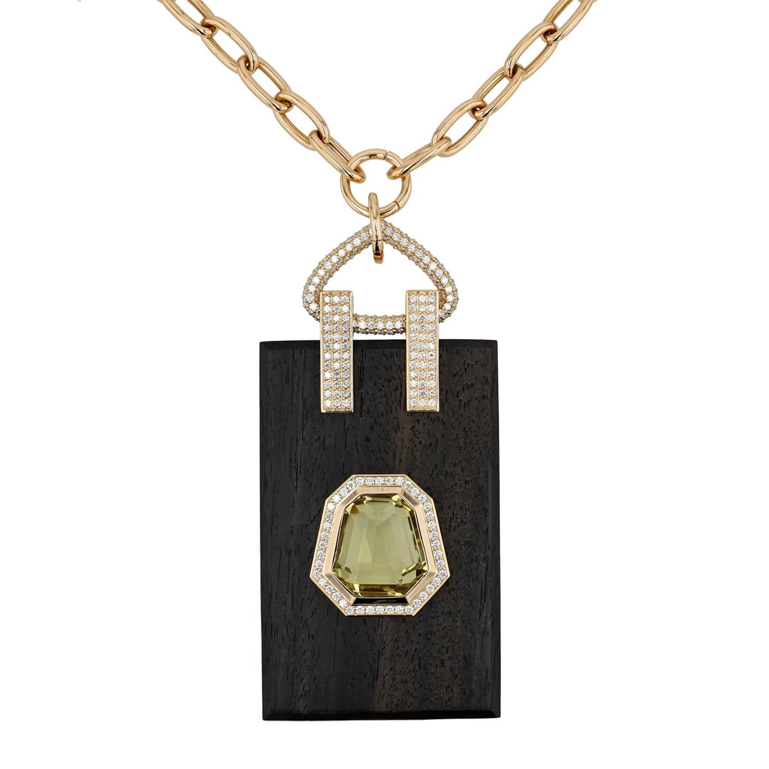 Mixed Cut 18K Gold Hand Carved Ebony Pendant with Yellow Citrine & Pavé Diamond Accents For Sale