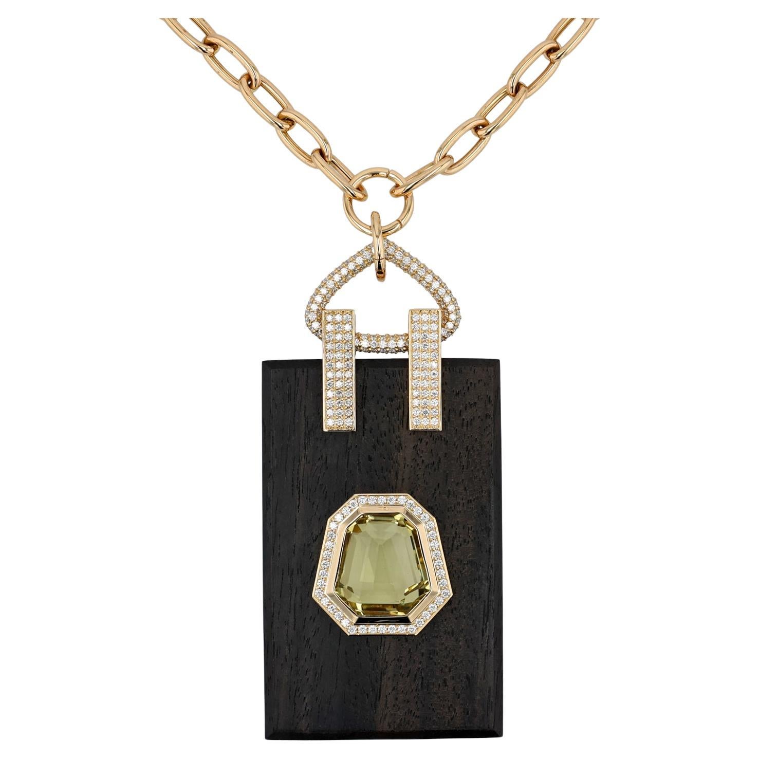 18K Gold Hand Carved Ebony Pendant with Yellow Citrine & Pavé Diamond Accents