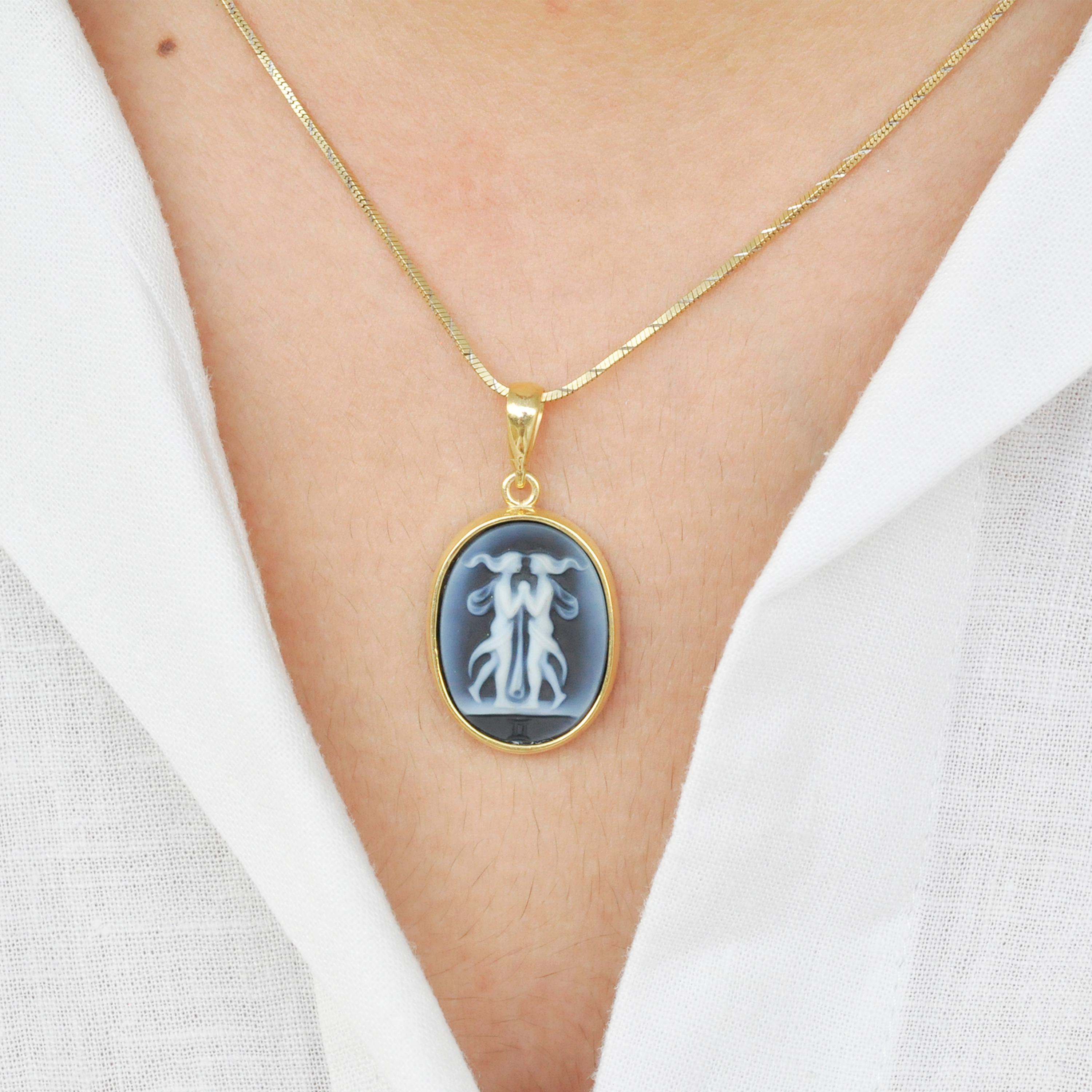 The Gemini Zodiac Carving Cameo Pendant Necklace is a unique and elegant piece of jewelry from a zodiac-inspired collection. The pendant features a beautifully engraved cameo made in Germany by a skilled cameo engraver. The cameo is carved on a