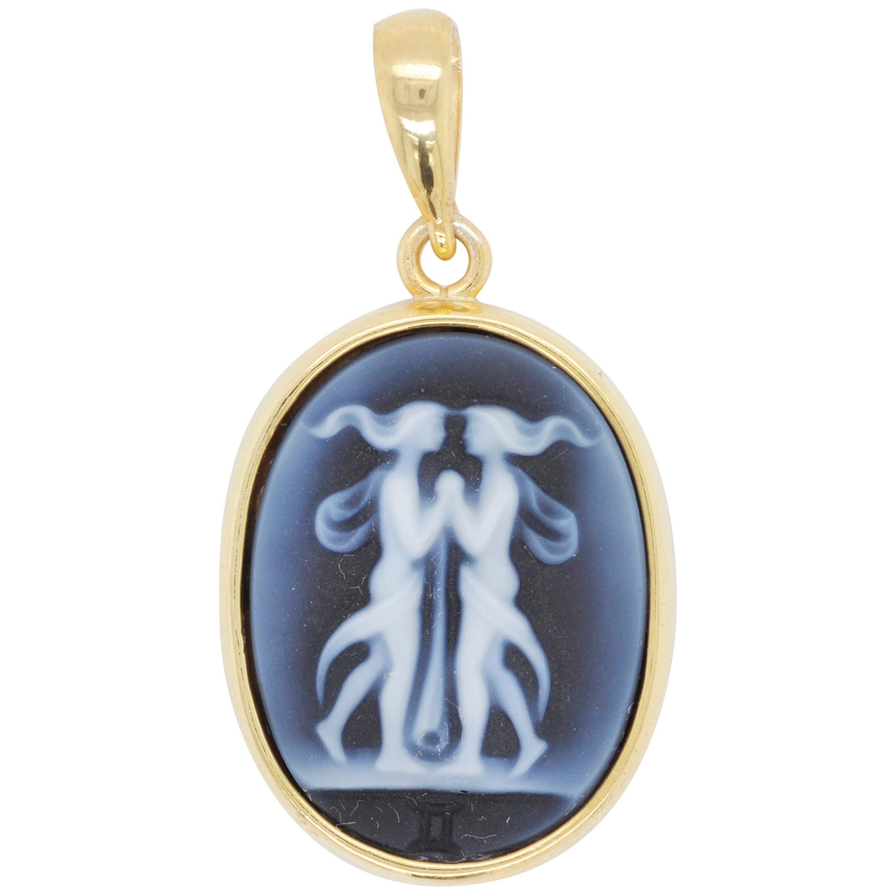 Collar Colgante Camafeo Ágata Zodiaco Géminis Tallado a Mano en Oro de 18K