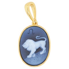 18K Gold Hand-Carved Leo Zodiac Agate Cameo Pendant Necklace
