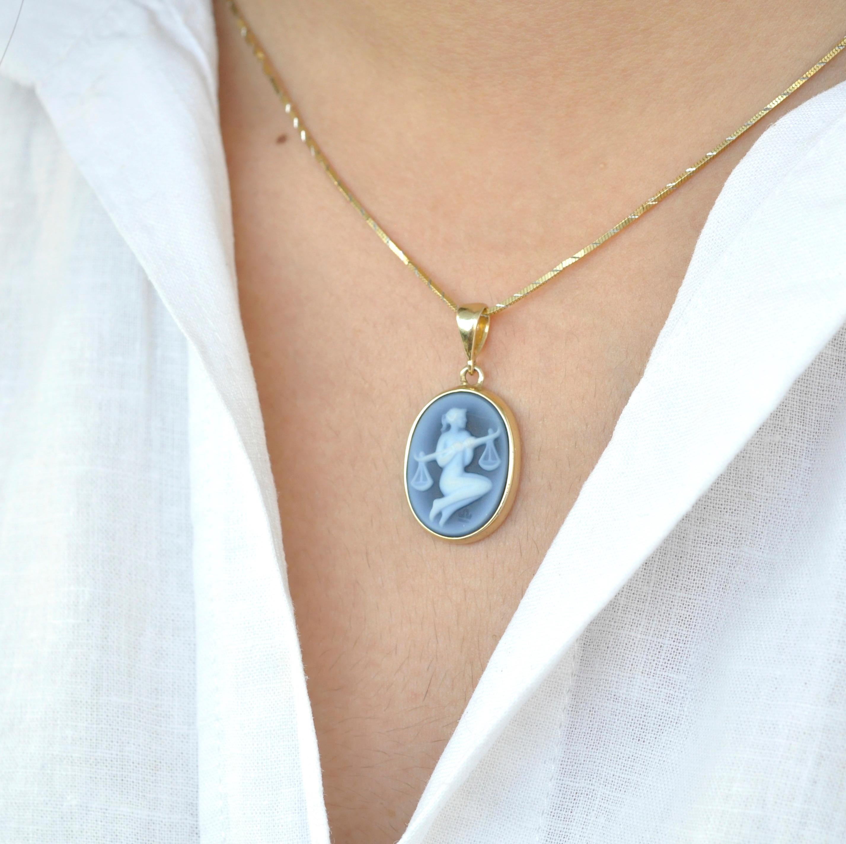 18K Gold Hand-Carved Libra Zodiac Agate Cameo Pendant Necklace For Sale 5
