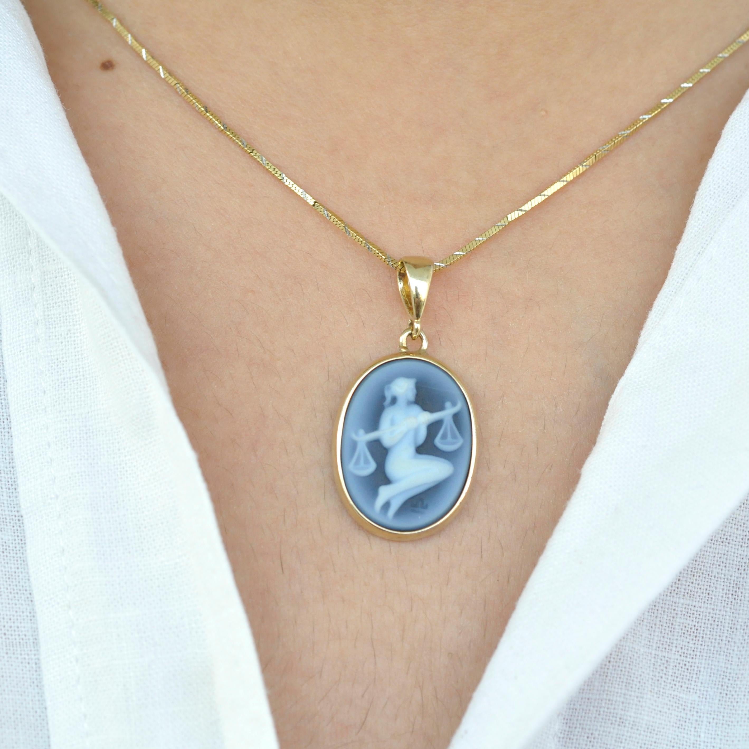 Introducing the enchanting Libra Zodiac Carving Cameo Pendant Necklace from our Zodiac Collection. This exquisite necklace features a meticulously crafted cameo made by an expert cameo engraver in Germany. The cameo is skillfully engraved on a