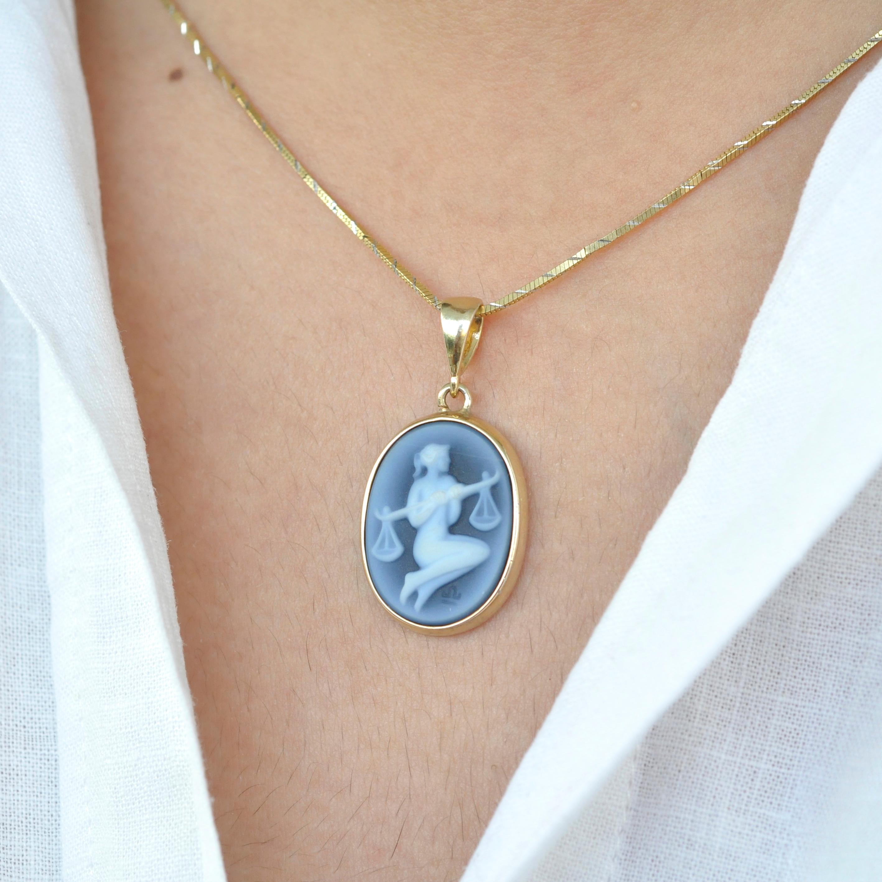 Contemporary 18K Gold Hand-Carved Libra Zodiac Agate Cameo Pendant Necklace For Sale