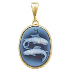 18K Gold Hand-Carved Fische Zodiac Achat Cameo Anhänger Halskette