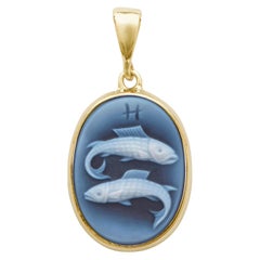 18K Gold Hand-Carved Pisces Zodiac Agate Cameo Pendant Necklace