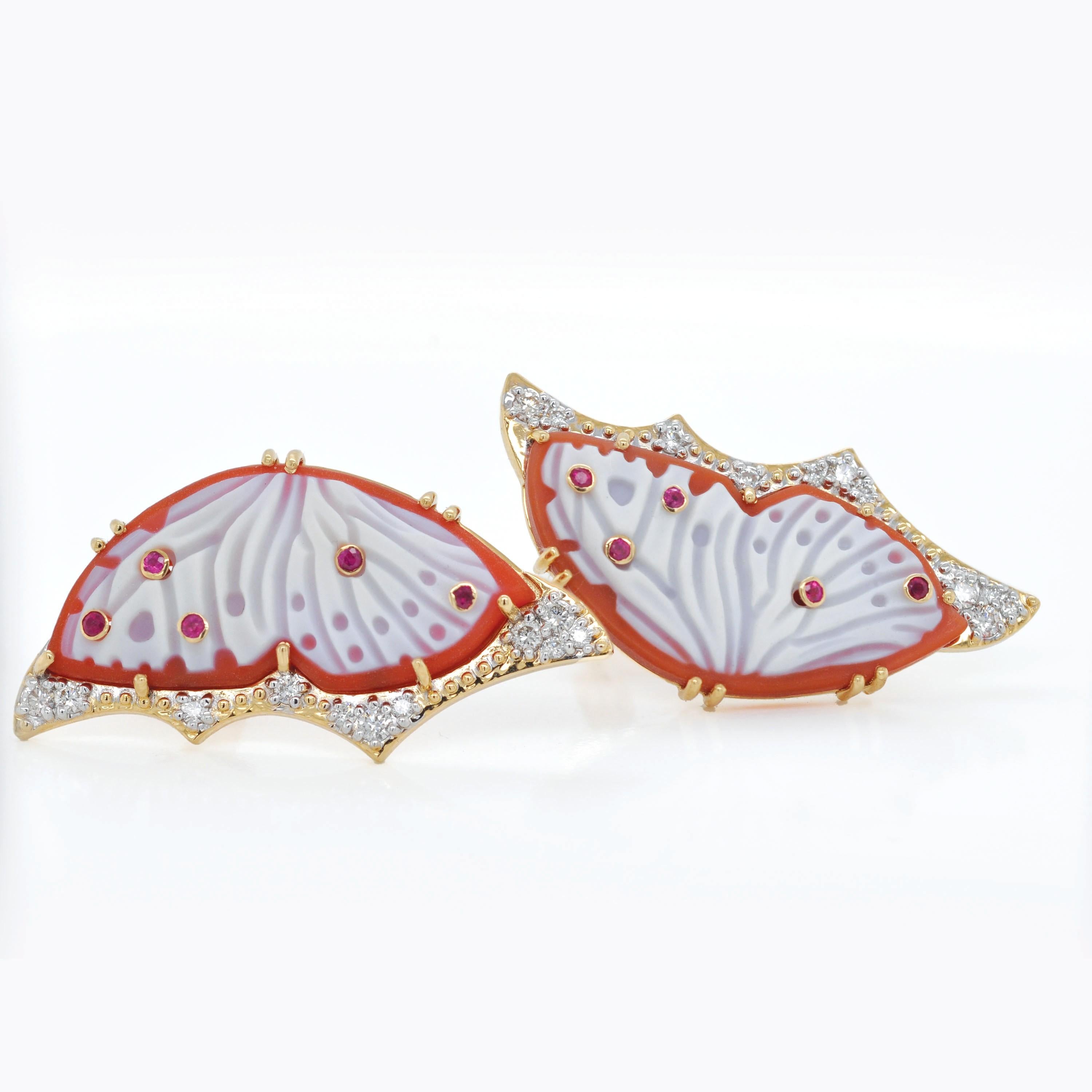 Women's 18K Gold Hand-Carved Red Agate Butterfly Ruby Diamond Contemporary Stud Earrings For Sale