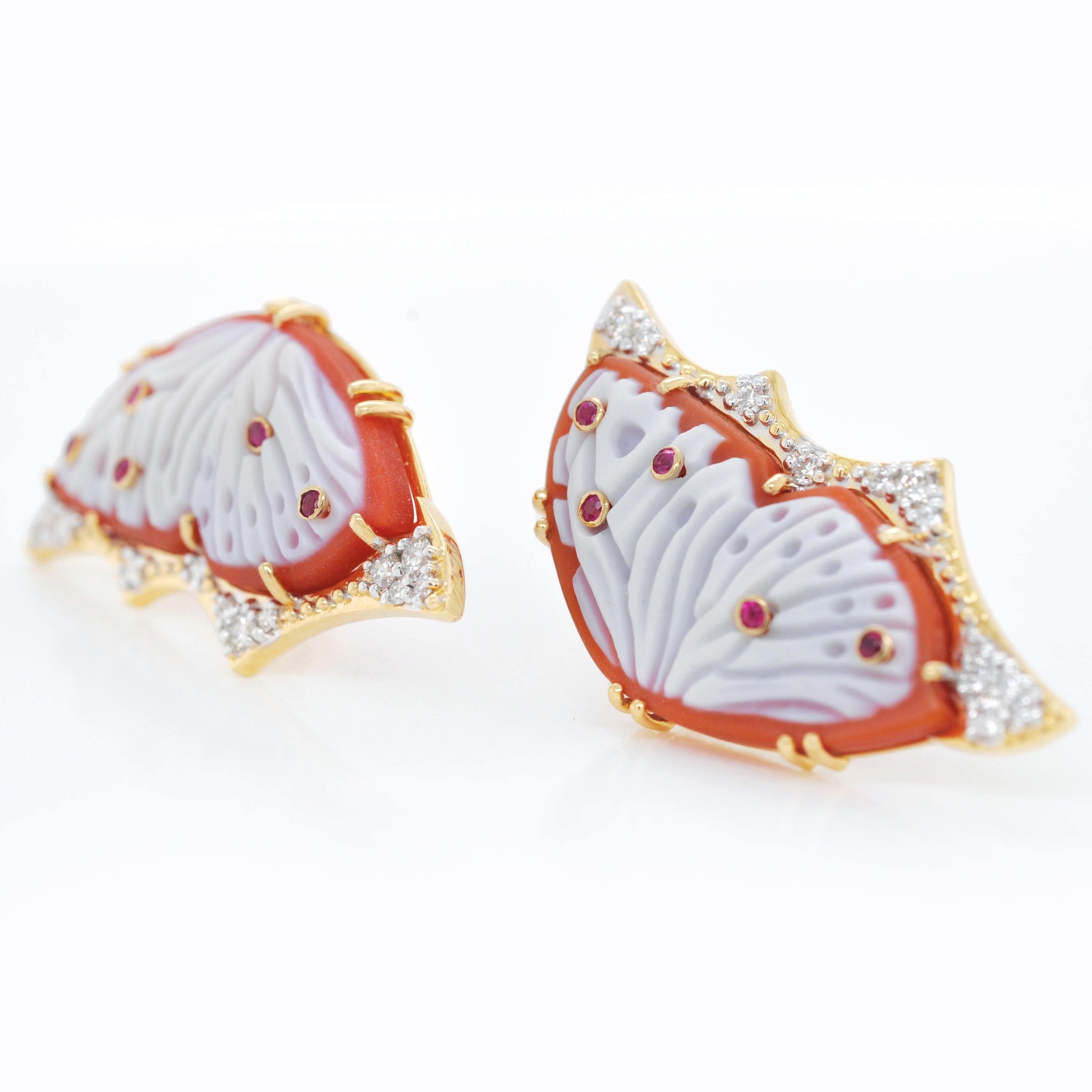 18K Gold Hand-Carved Red Agate Butterfly Ruby Diamond Contemporary Stud Earrings For Sale 2