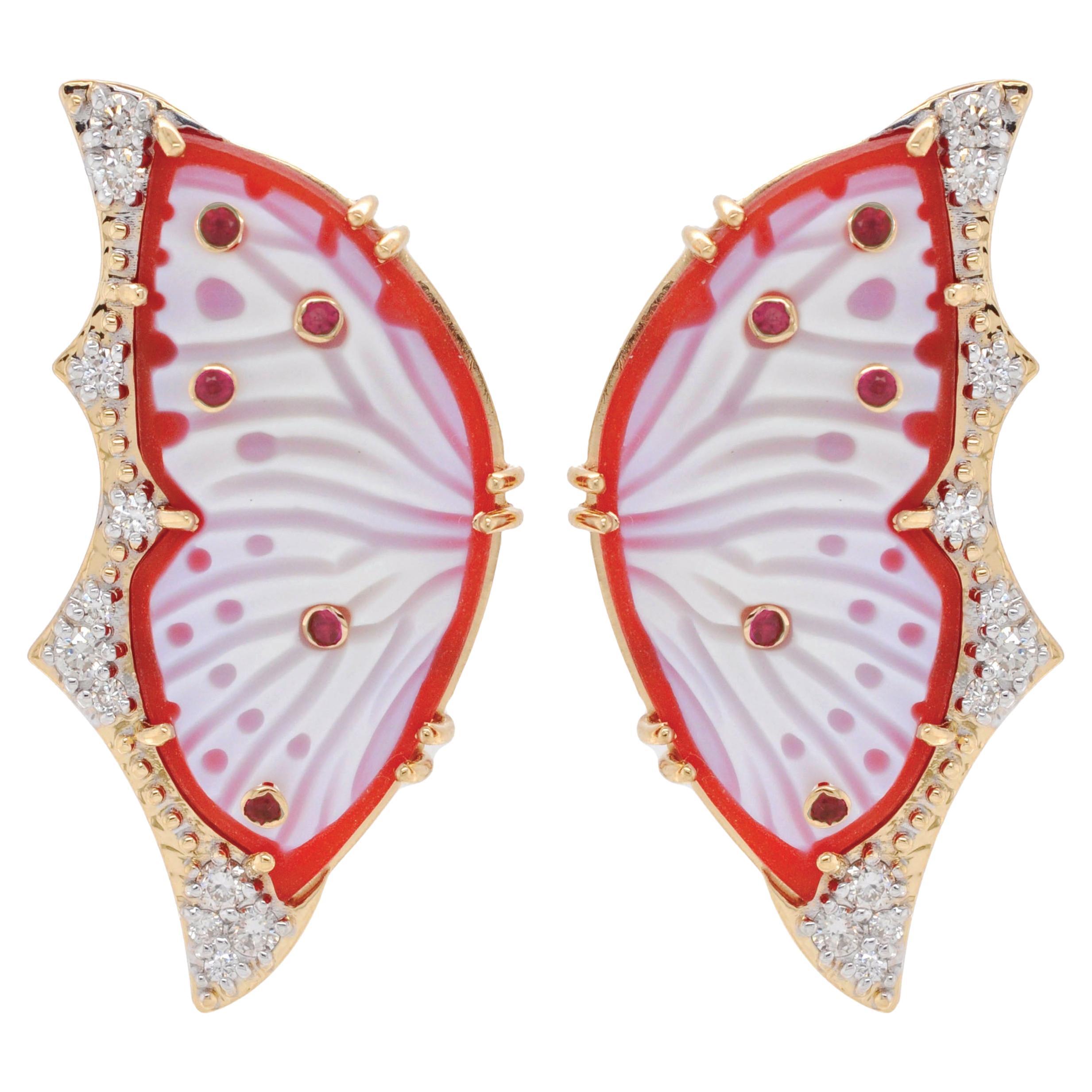 18K Gold Hand-Carved Red Agate Butterfly Ruby Diamond Contemporary Stud Earrings For Sale