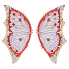 18K Gold Hand-Carved Red Agate Butterfly Ruby Diamond Contemporary Stud Earrings