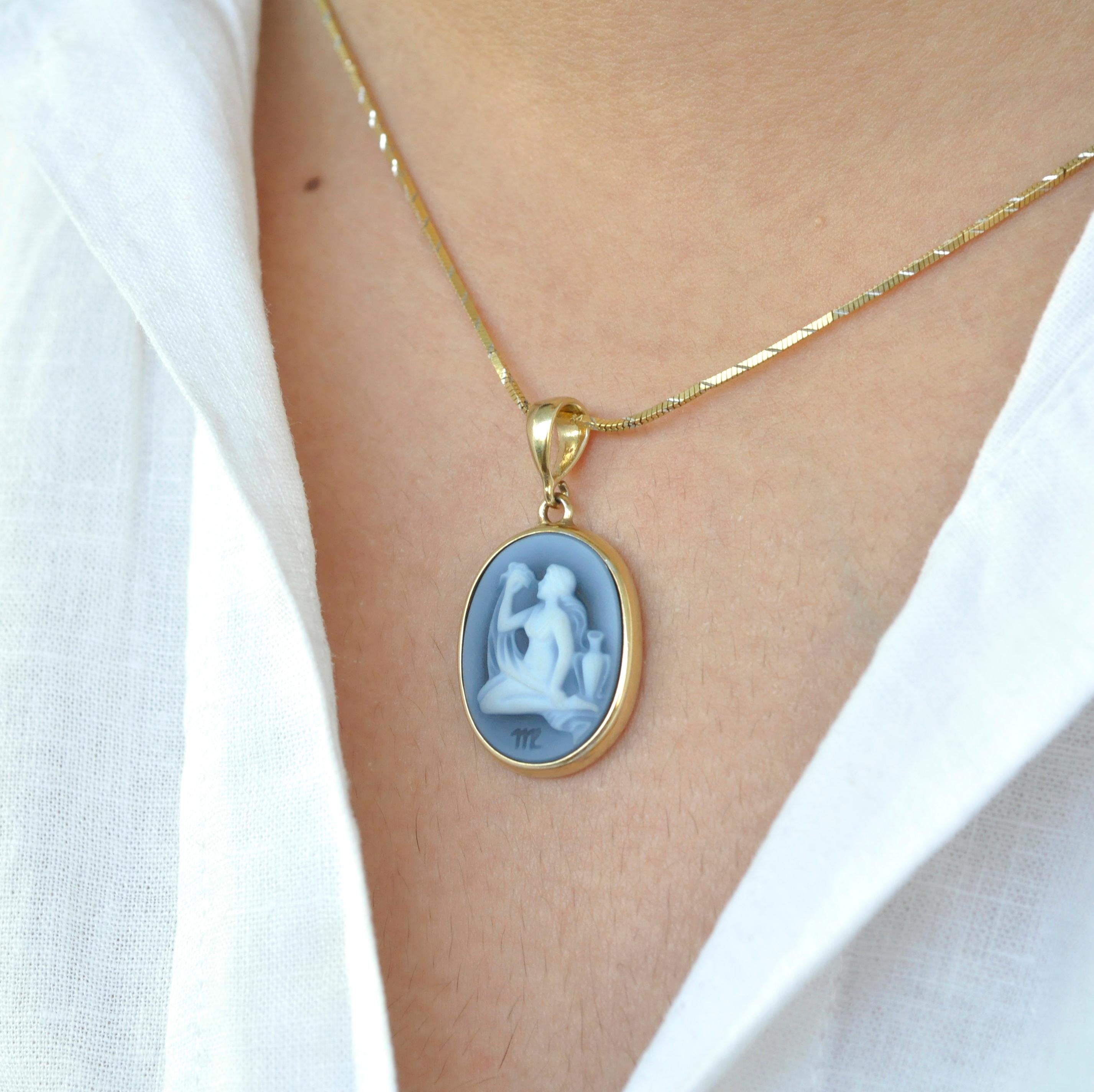 18K Gold Hand-Carved Virgo Zodiac Agate Cameo Pendant Necklace For Sale 2