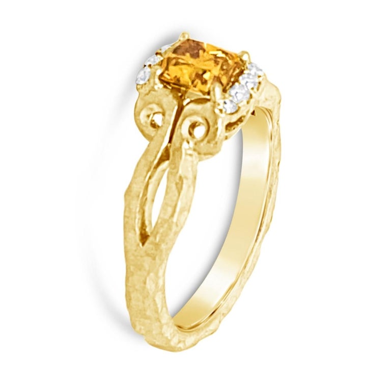 18K HandHammered Engagement Ring with 0.80 Carat Orange Diamond Center