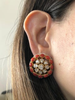 18k Gold Handcrafted Coral Cultured Pearls Polki White Diamond Stud Earrings