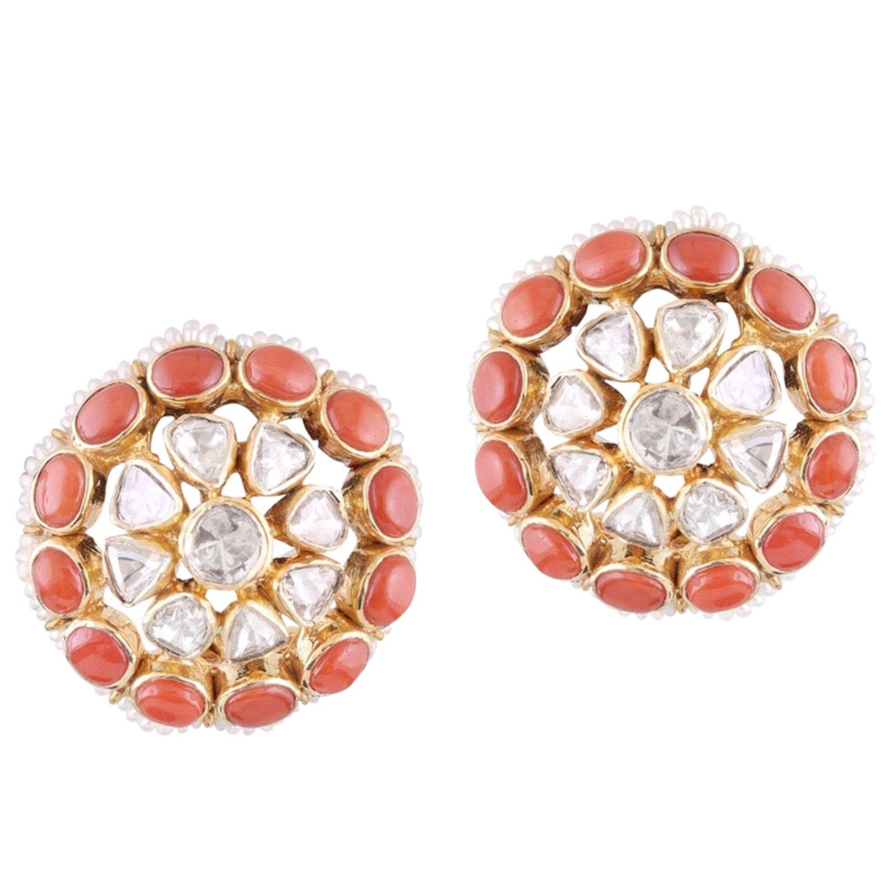 18k Gold Handcrafted Coral Cultured Pearls Polki White Diamond Stud Earrings