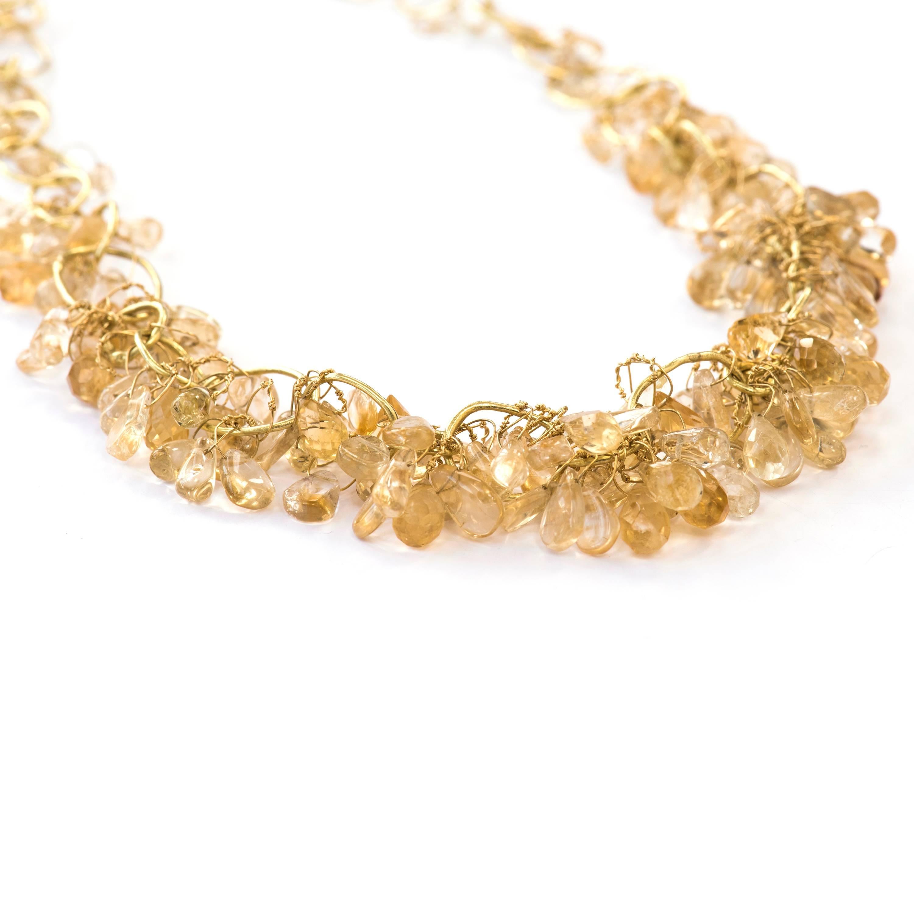 Citrine briollette 18ct Yellow Gold handmade chain necklace. Each chain link is individually made using reticulation techniques. Faceted and cabouchon golden Citrine briollettes are intricately and securely attached. A handmade T-Bar clasp for