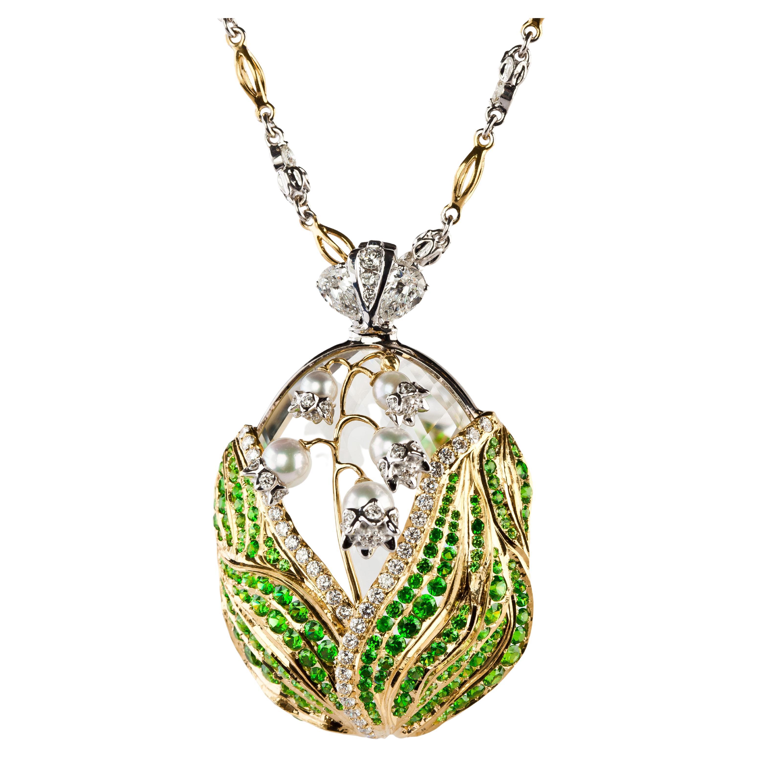18K Gold Handmade Lily of the Valley Pendant Necklace by VIKTOR MOISEIKIN For Sale