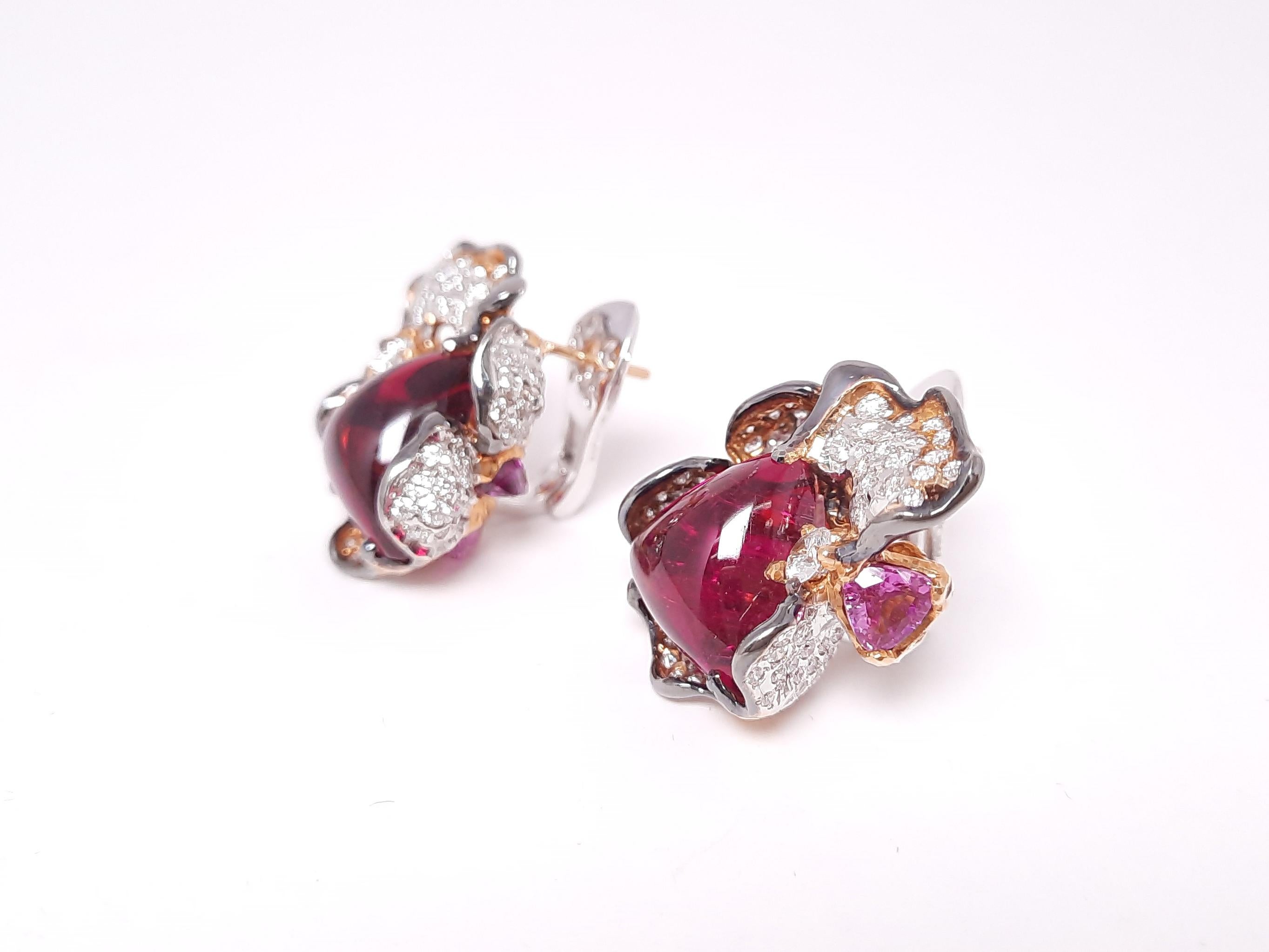 Contemporary 18K Gold Handmade Rubellite Diamond Cocktail Earrings by MOISEIKIN For Sale