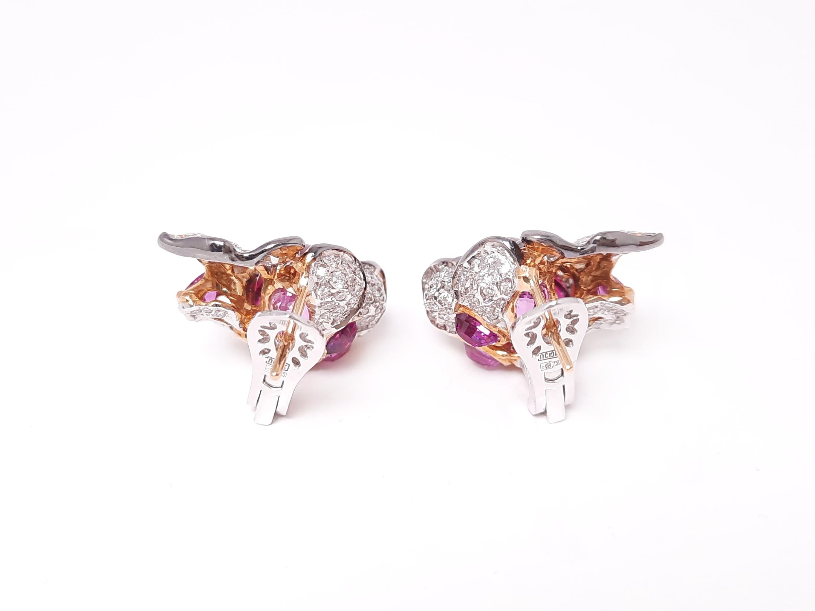 Cabochon 18K Gold Handmade Rubellite Diamond Cocktail Earrings by MOISEIKIN For Sale