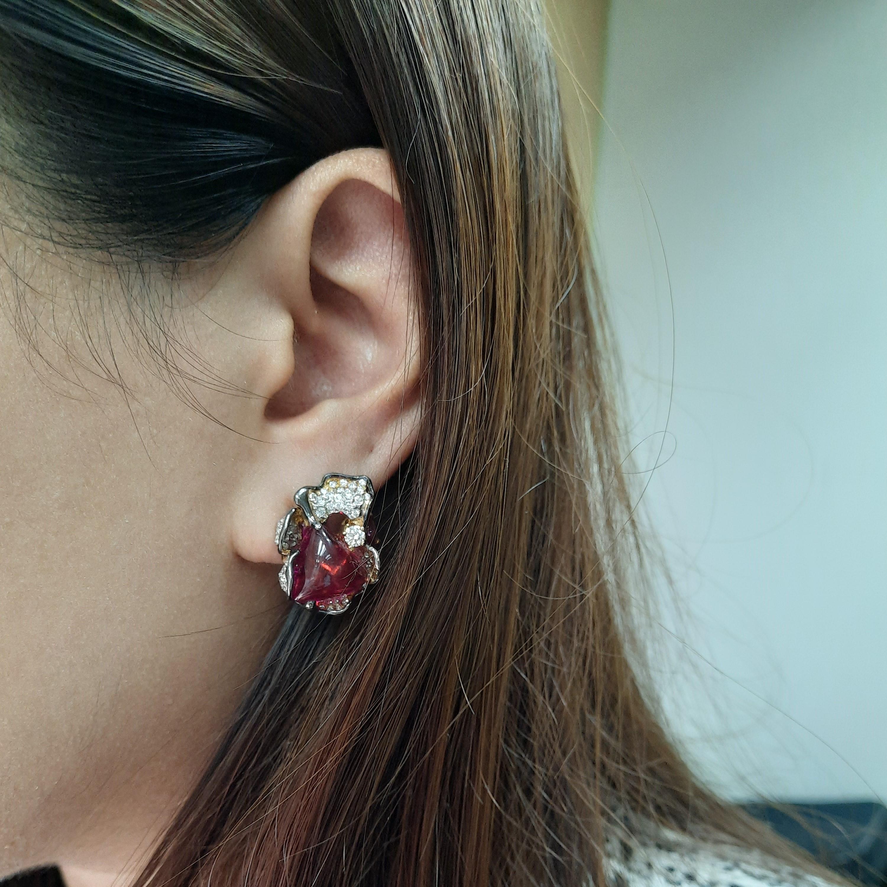 Women's 18K Gold Handmade Rubellite Diamond Cocktail Earrings by MOISEIKIN For Sale