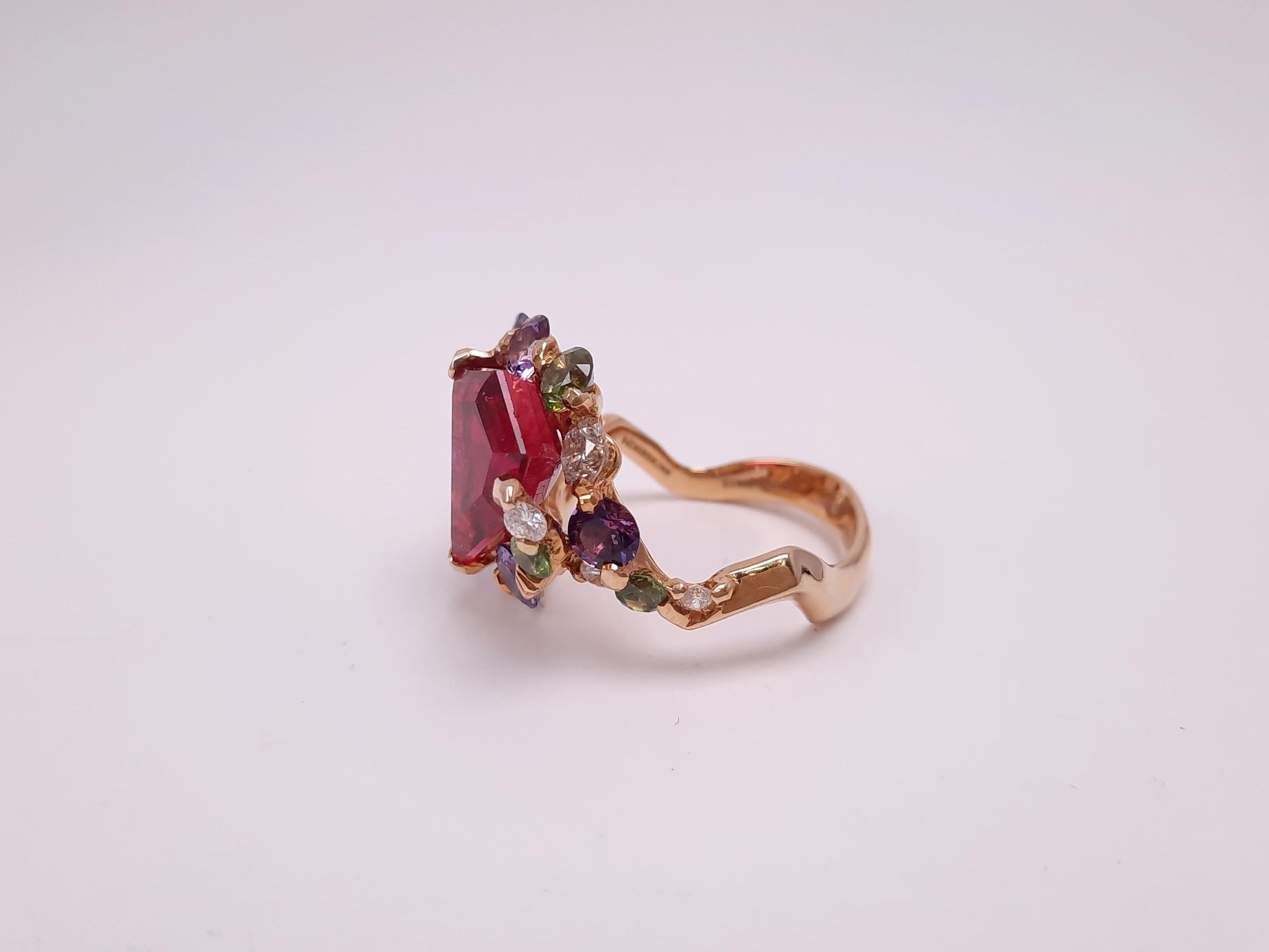 Contemporary 18K Gold Handmade Rubellite Diamond Sapphire Demantoid Ring For Sale